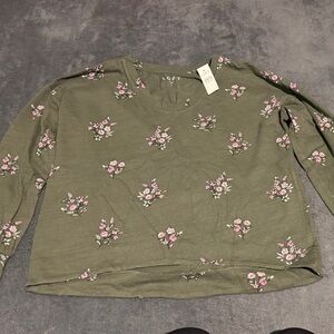 LOFT Olive Floral Long Sleeve Top